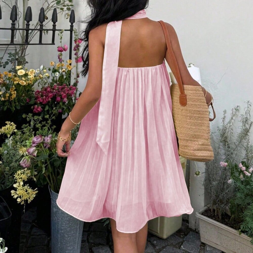 Baby Pink Casual Women's Plain Color Pleated A-Line Mini Cami Dress - Picture 2 of 6